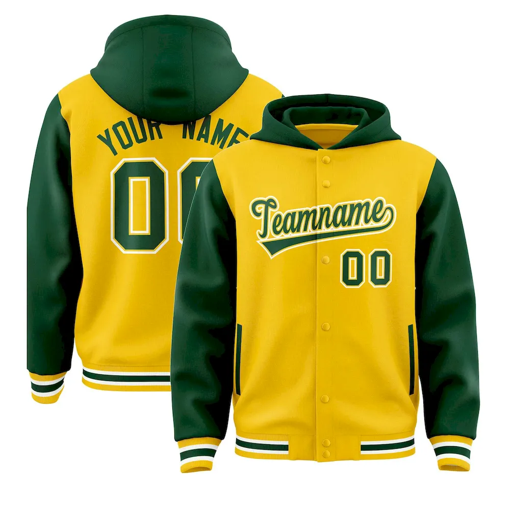 Custom Gold Green Raglan Sleeves Varsity Full-Snap Letterman Two Tone Jacket Hoodie