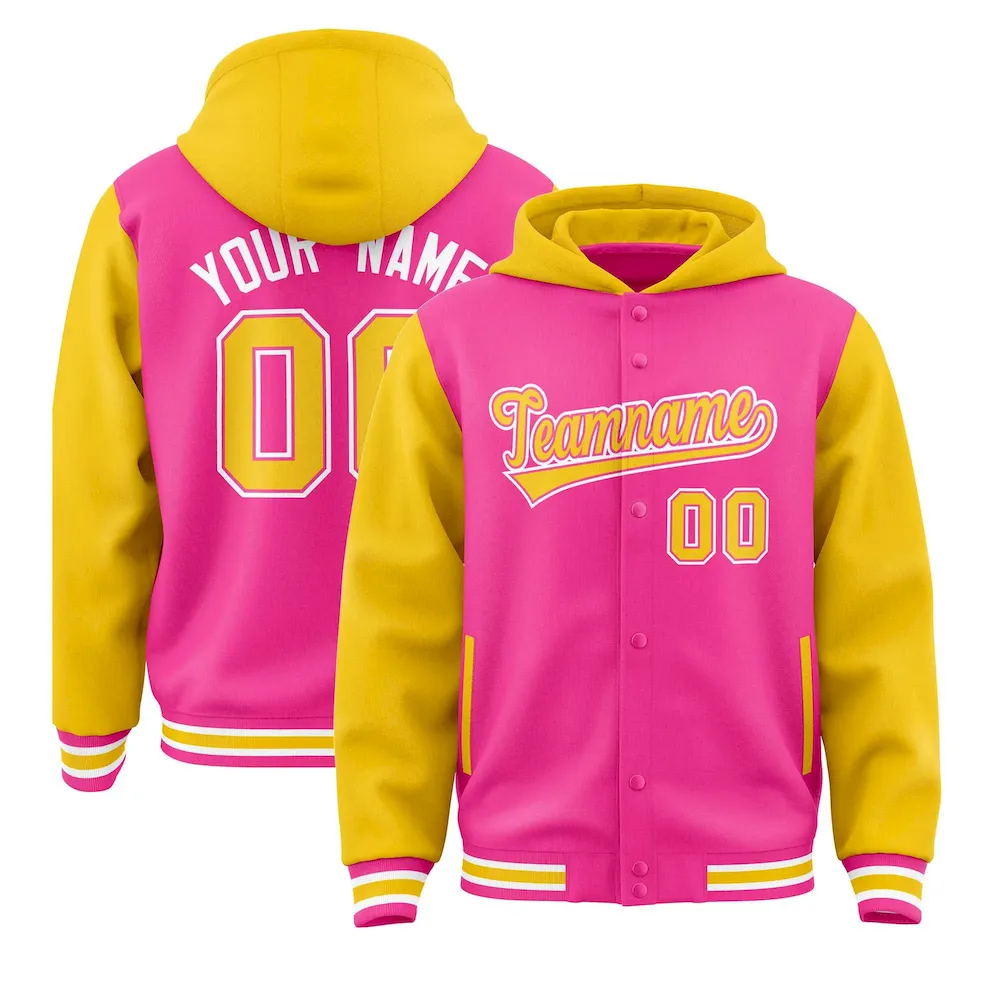 Custom Pink Gold Raglan Sleeves Varsity Full-Snap Letterman Two Tone Jacket Hoodie
