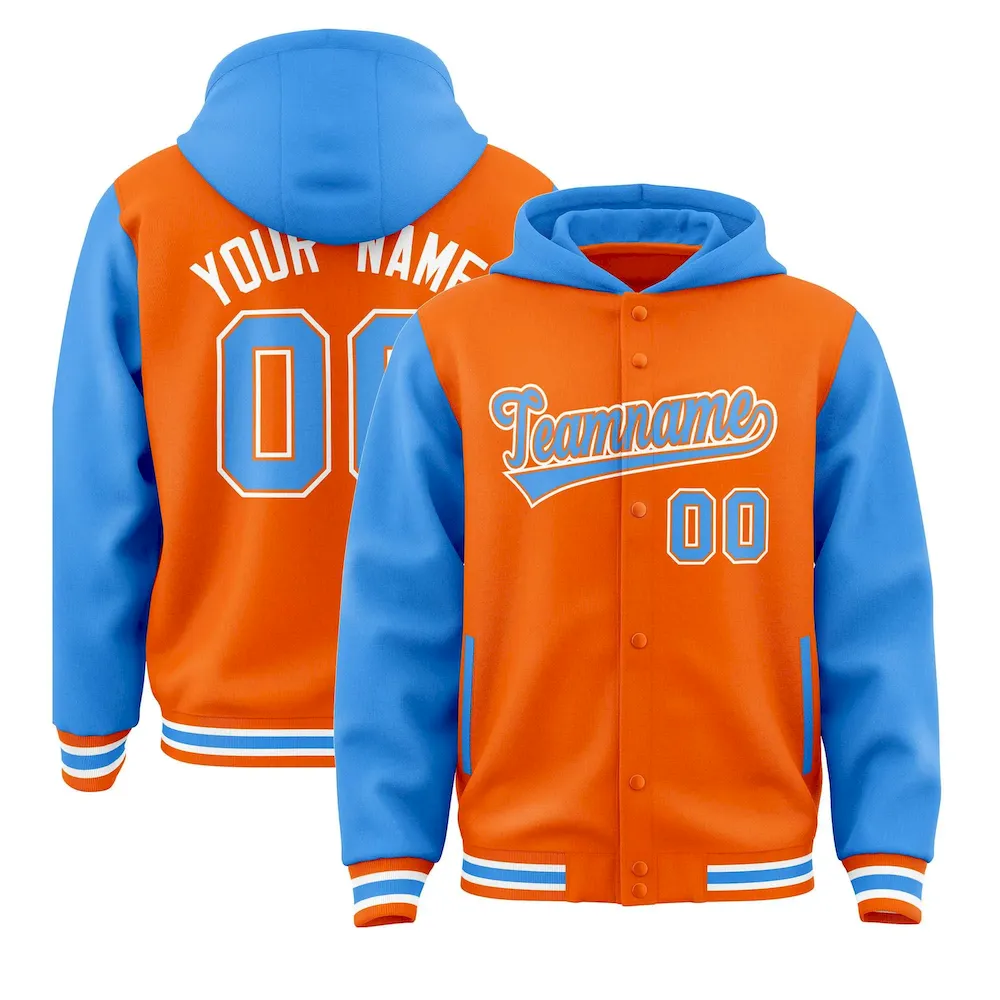 Custom Orange Powder Blue Raglan Sleeves Varsity Full-Snap Letterman Two Tone Jacket Hoodie