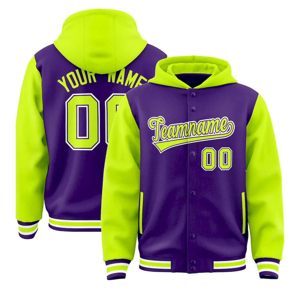 Custom Purple Neon Green Raglan Sleeves Varsity Full-Snap Letterman Two Tone Jacket Hoodie