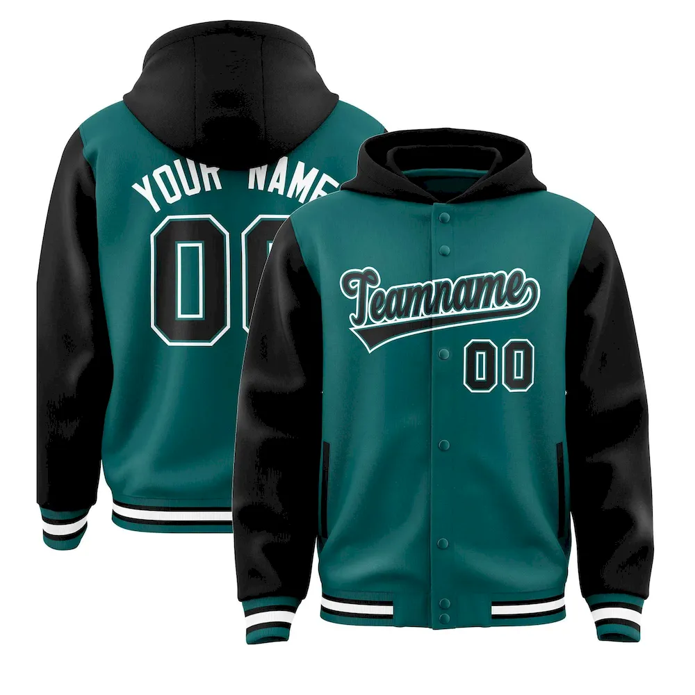Custom Aqua Black Raglan Sleeves Varsity Full-Snap Letterman Two Tone Jacket Hoodie