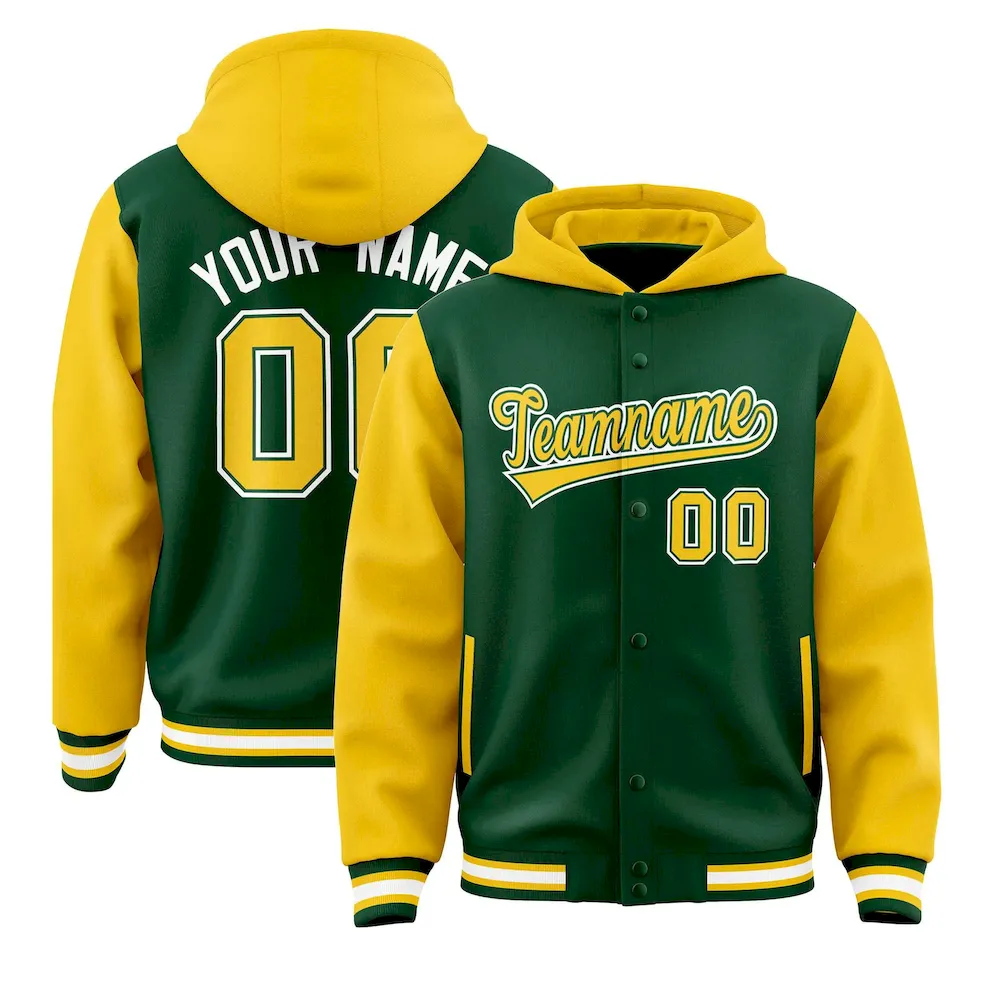 Custom Green Gold Raglan Sleeves Varsity Full-Snap Letterman Two Tone Jacket Hoodie