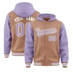 Custom Teabrown Light Purple Raglan Sleeves Varsity Full-Snap Letterman Two Tone Jacket Hoodie