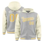 Custom Gray Cream Raglan Sleeves Varsity Full-Snap Letterman Two Tone Jacket Hoodie