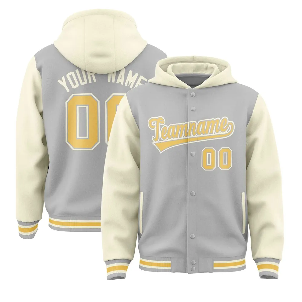 Custom Gray Cream Raglan Sleeves Varsity Full-Snap Letterman Two Tone Jacket Hoodie