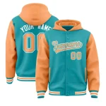 Custom Aqua Orange Raglan Sleeves Varsity Full-Snap Letterman Two Tone Jacket Hoodie
