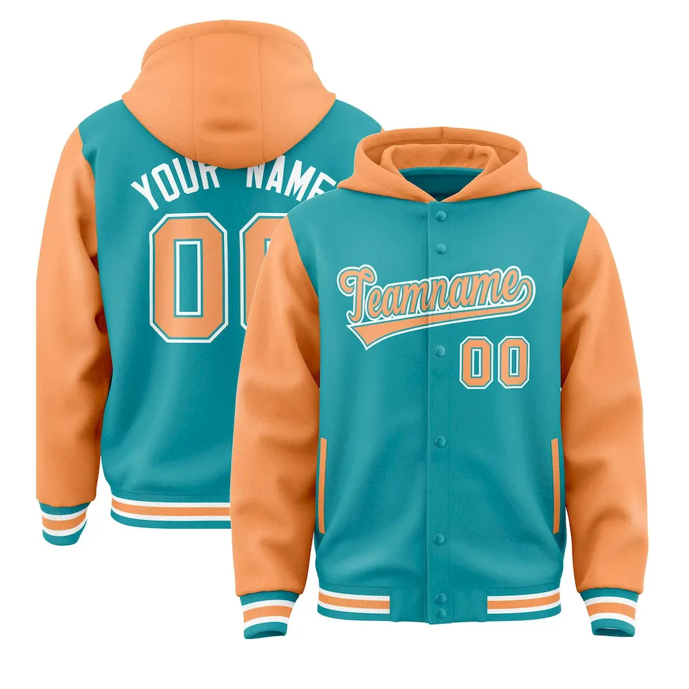 Custom Aqua Orange Raglan Sleeves Varsity Full-Snap Letterman Two Tone Jacket Hoodie