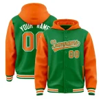 Custom Kelly Green Orange Raglan Sleeves Varsity Full-Snap Letterman Two Tone Jacket Hoodie