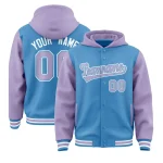 Custom Powder Blue Light Purple Raglan Sleeves Varsity Full-Snap Letterman Two Tone Jacket Hoodie