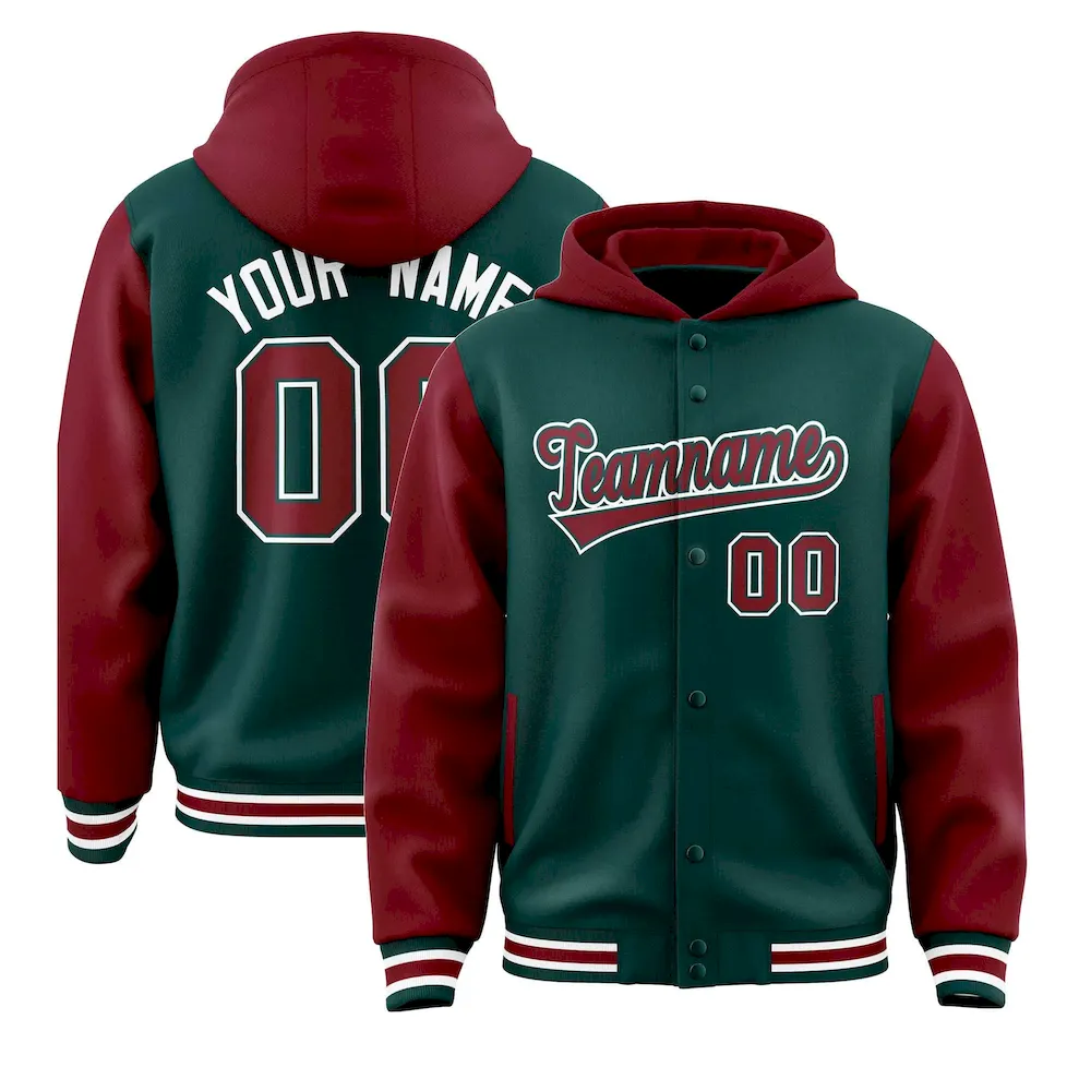 Custom Midnight Green Crimson Raglan Sleeves Varsity Full-Snap Letterman Two Tone Jacket Hoodie