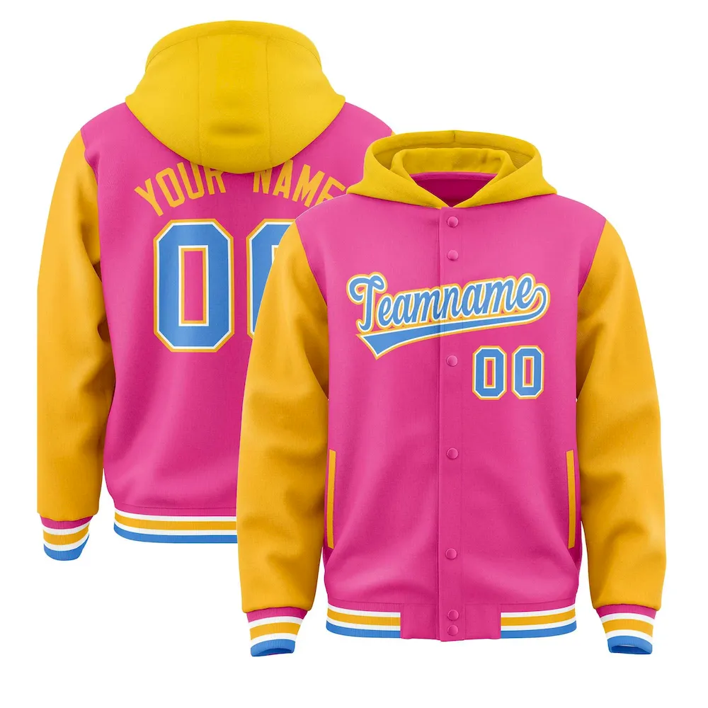 Custom Pink Gold Raglan Sleeves Varsity Full-Snap Letterman Two Tone Jacket Hoodie