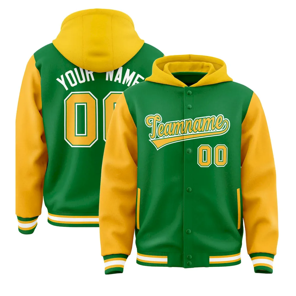 Custom Kelly Green Gold Raglan Sleeves Varsity Full-Snap Letterman Two Tone Jacket Hoodie