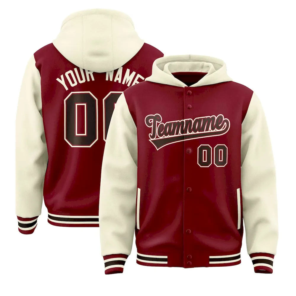 Custom Crimson Cream Raglan Sleeves Varsity Full-Snap Letterman Two Tone Jacket Hoodie