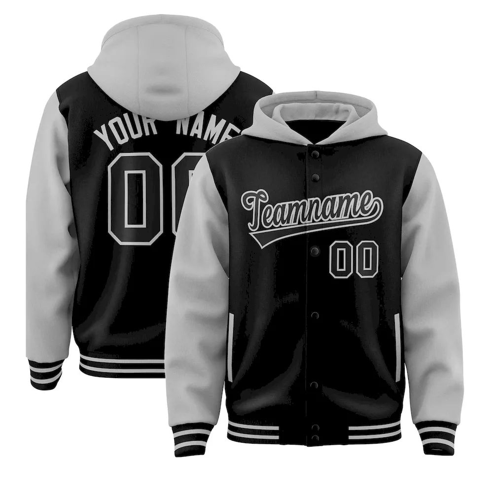 Custom Black Gray Raglan Sleeves Varsity Full-Snap Letterman Two Tone Jacket Hoodie