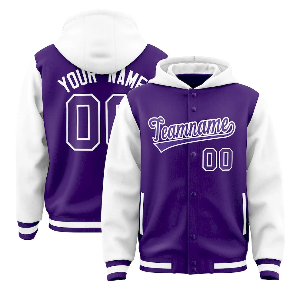 Custom Purple White Raglan Sleeves Varsity Full-Snap Letterman Two Tone Jacket Hoodie