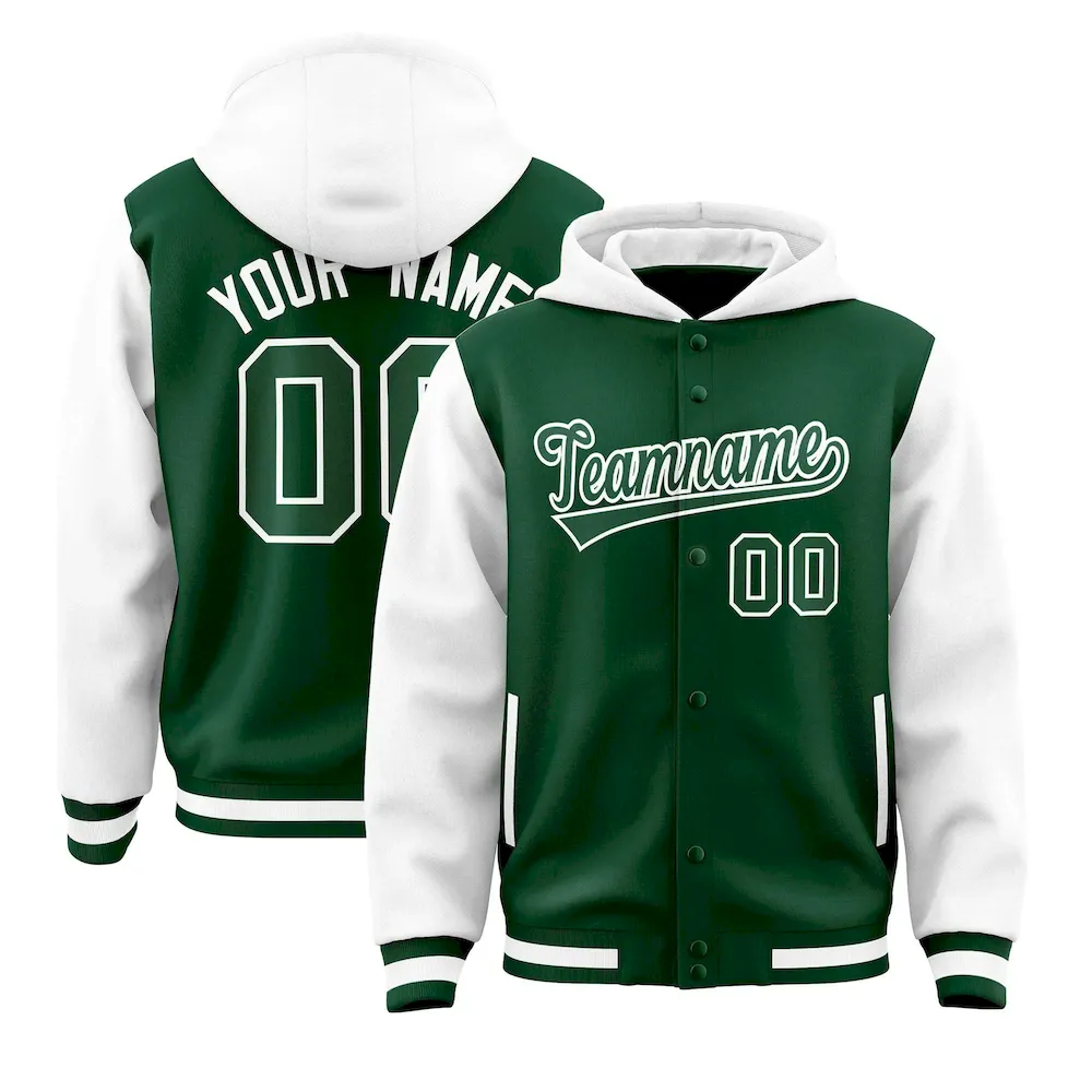 Custom Green White Raglan Sleeves Varsity Full-Snap Letterman Two Tone Jacket Hoodie