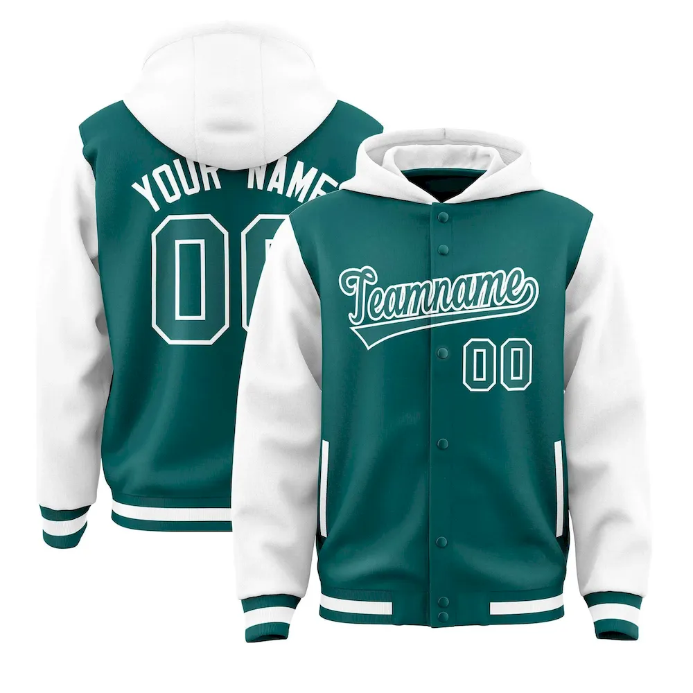 Custom Aqua White Raglan Sleeves Varsity Full-Snap Letterman Two Tone Jacket Hoodie
