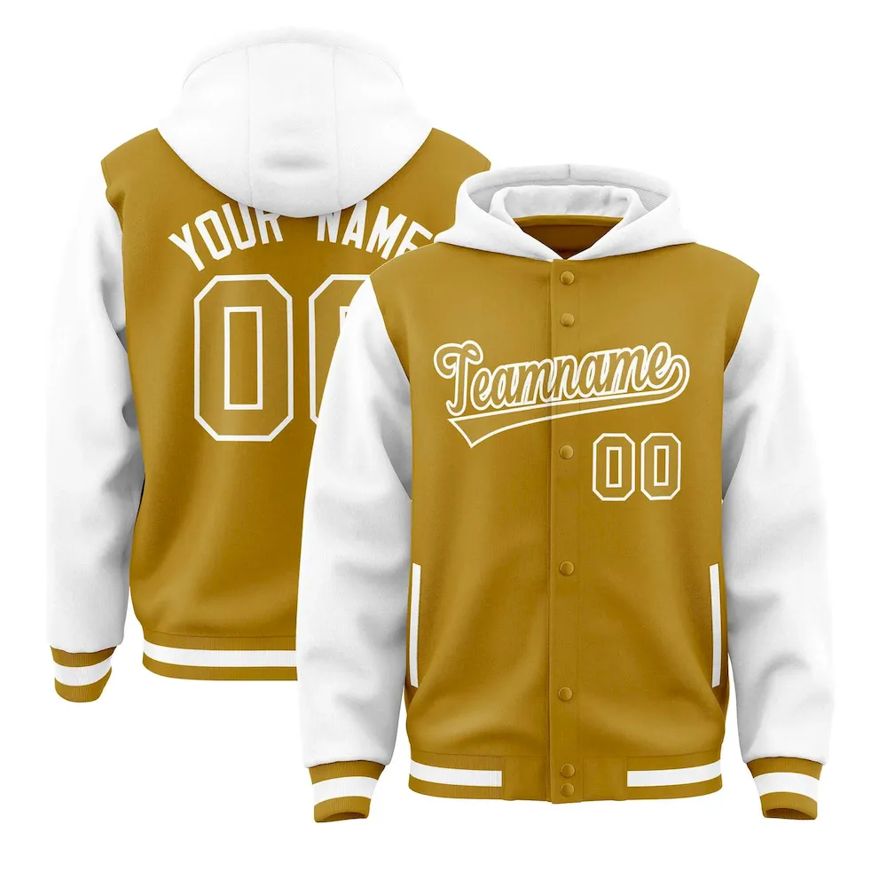 Custom Old Gold White Raglan Sleeves Varsity Full-Snap Letterman Two Tone Jacket Hoodie