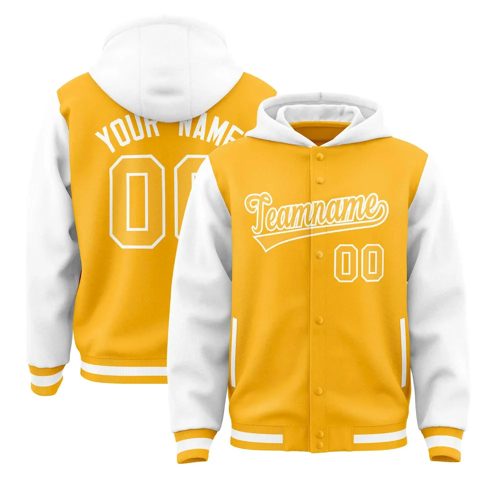 Custom Gold White Raglan Sleeves Varsity Full-Snap Letterman Two Tone Jacket Hoodie