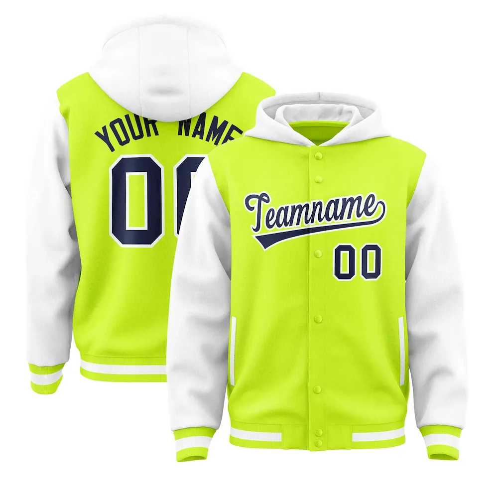 Custom Yellow White Raglan Sleeves Varsity Full-Snap Letterman Two Tone Jacket Hoodie