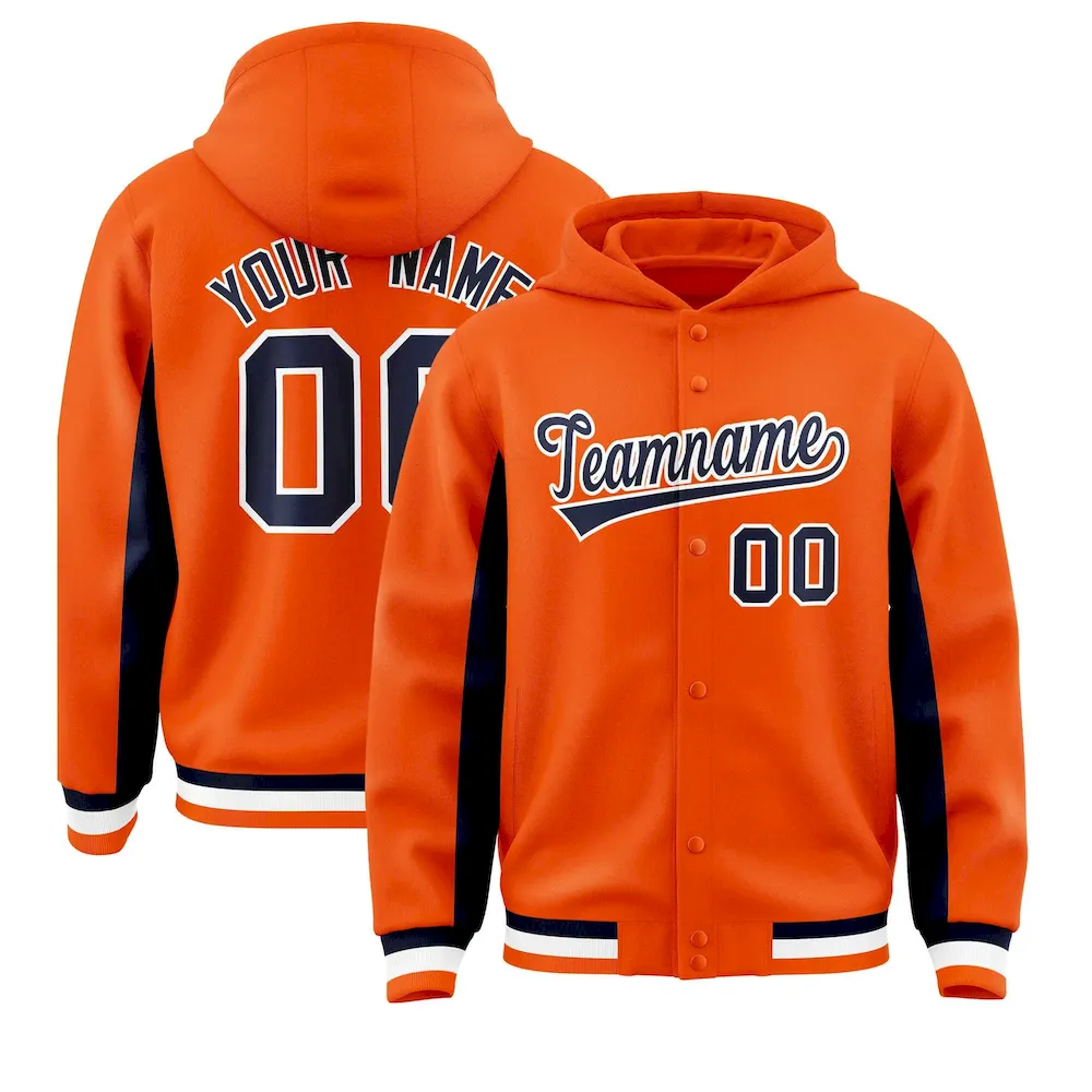Custom Orange Navy Color Block Varsity Full-Snap Letterman Jacket Hoodie