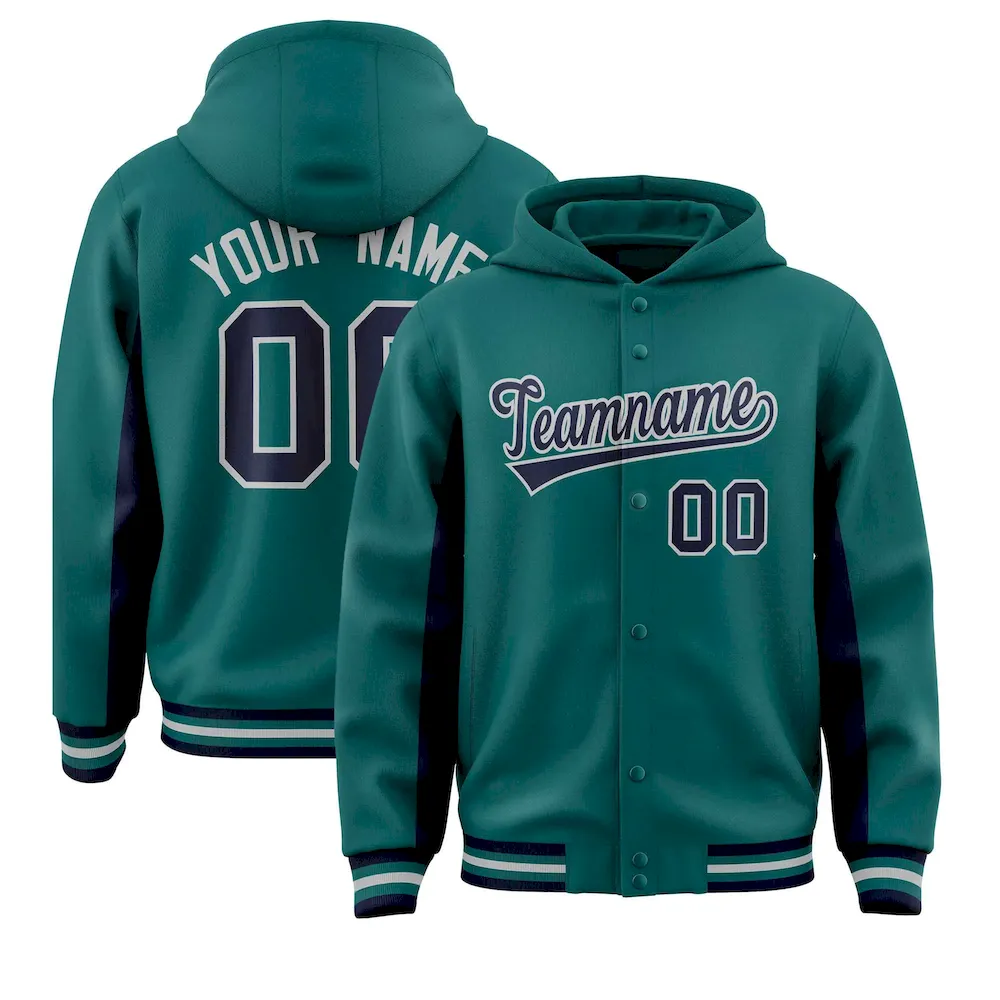 Custom Aqua Navy Color Block Varsity Full-Snap Letterman Jacket Hoodie