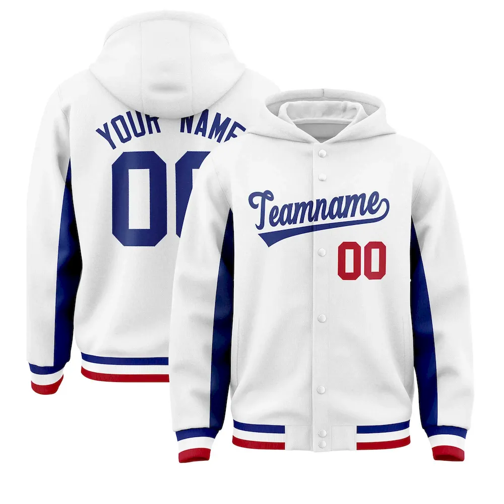 Custom White Royal Color Block Varsity Full-Snap Letterman Jacket Hoodie