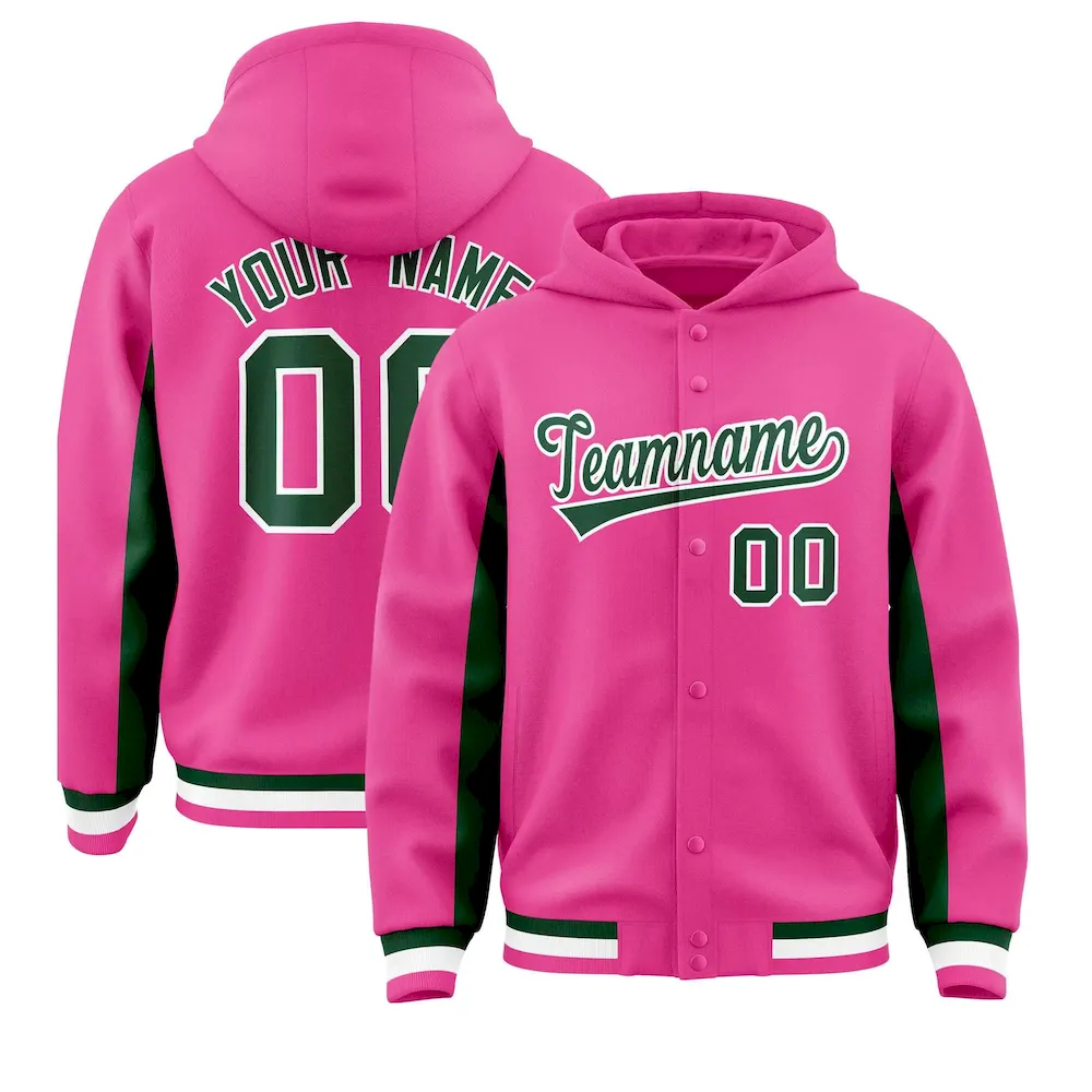 Custom Pink Green Color Block Varsity Full-Snap Letterman Jacket Hoodie