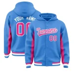 Custom Powder Blue Pink Color Block Varsity Full-Snap Letterman Jacket Hoodie