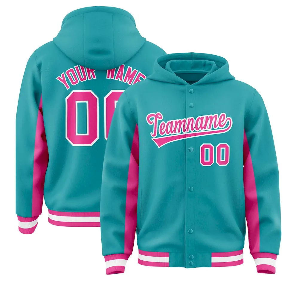 Custom Aqua Pink Color Block Varsity Full-Snap Letterman Jacket Hoodie
