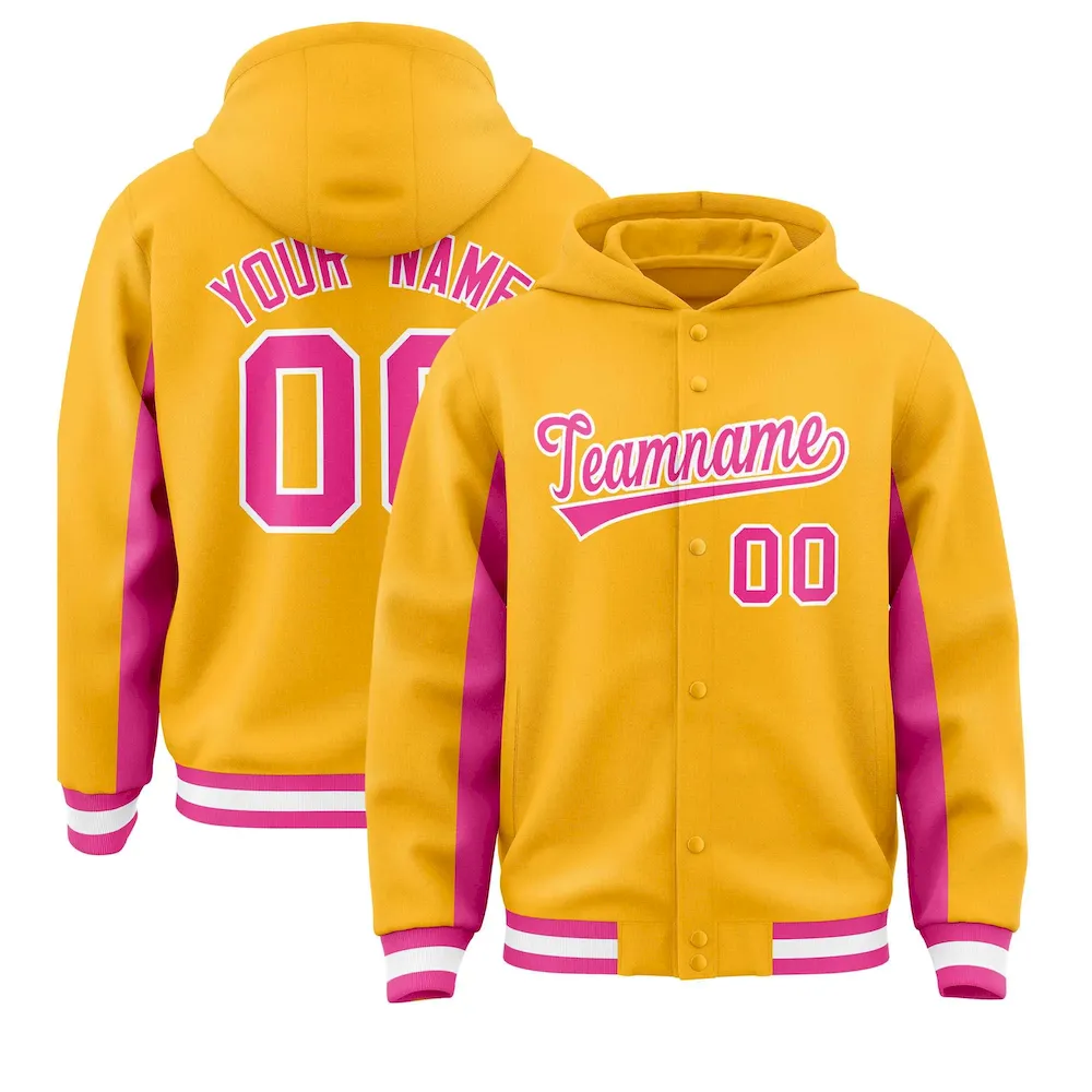 Custom Gold Pink Color Block Varsity Full-Snap Letterman Jacket Hoodie
