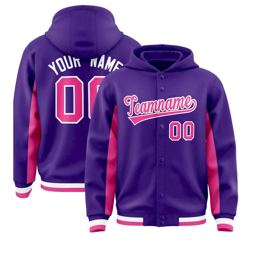 Custom Purple Pink Color Block Varsity Full-Snap Letterman Jacket Hoodie
