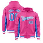 Custom Pink Powder Blue Color Block Varsity Full-Snap Letterman Jacket Hoodie