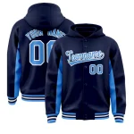 Custom Navy Powder Blue Color Block Varsity Full-Snap Letterman Jacket Hoodie