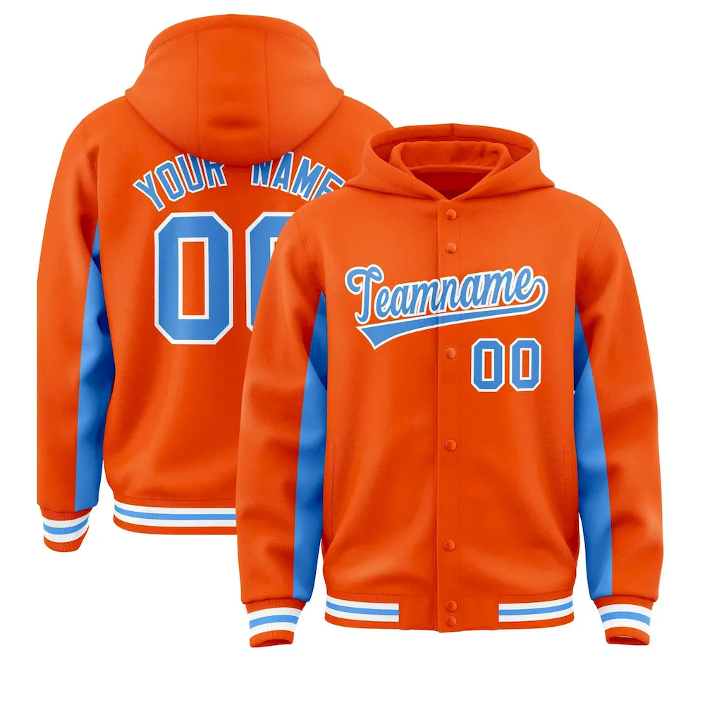 Custom Orange Powder Blue Color Block Varsity Full-Snap Letterman Jacket Hoodie