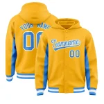 Custom Gold Powder Blue Color Block Varsity Full-Snap Letterman Jacket Hoodie