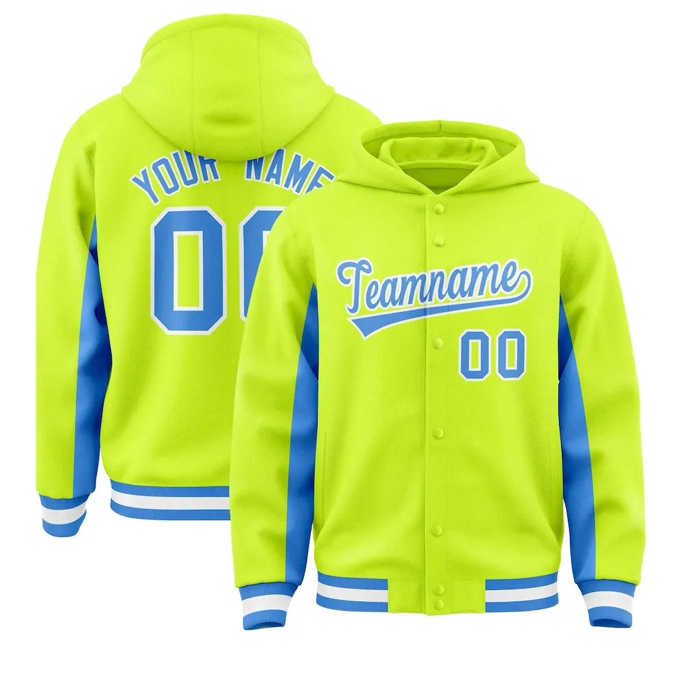 Custom Neon Green Powder Blue Color Block Varsity Full-Snap Letterman Jacket Hoodie