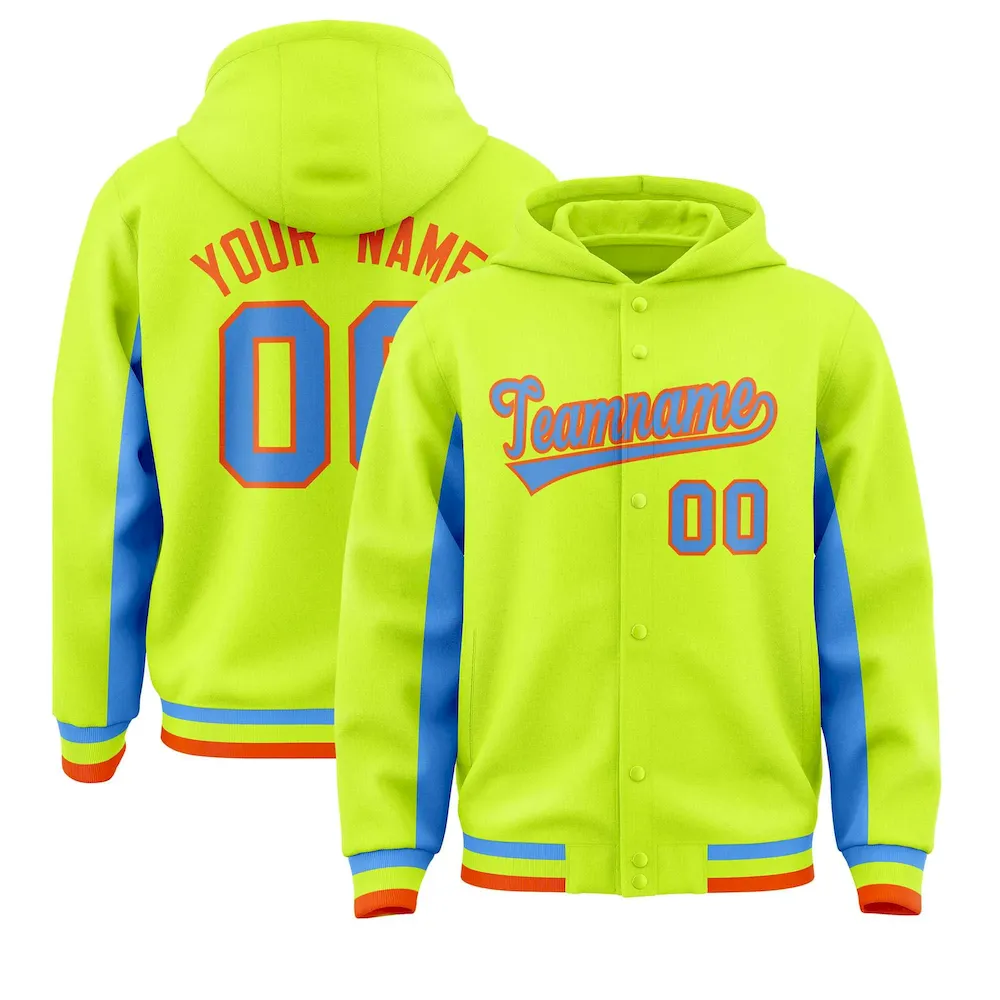 Custom Neon Green Powder Blue Color Block Varsity Full-Snap Letterman Jacket Hoodie