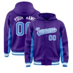 Custom Purple Powder Blue Color Block Varsity Full-Snap Letterman Jacket Hoodie
