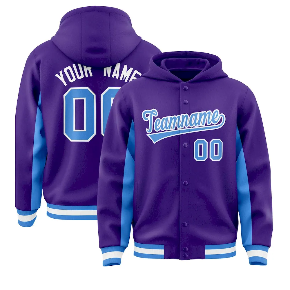 Custom Purple Powder Blue Color Block Varsity Full-Snap Letterman Jacket Hoodie