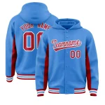 Custom Powder Blue Red Color Block Varsity Full-Snap Letterman Jacket Hoodie