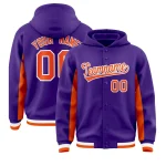 Custom Purple Orange Color Block Varsity Full-Snap Letterman Jacket Hoodie