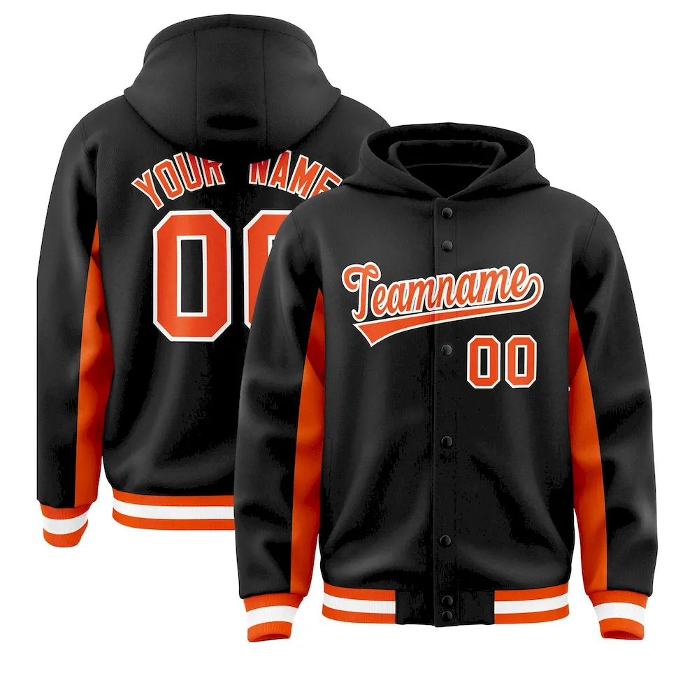 Custom Black Orange Color Block Varsity Full-Snap Letterman Jacket Hoodie