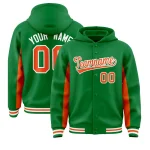 Custom Kelly Green Orange Color Block Varsity Full-Snap Letterman Jacket Hoodie