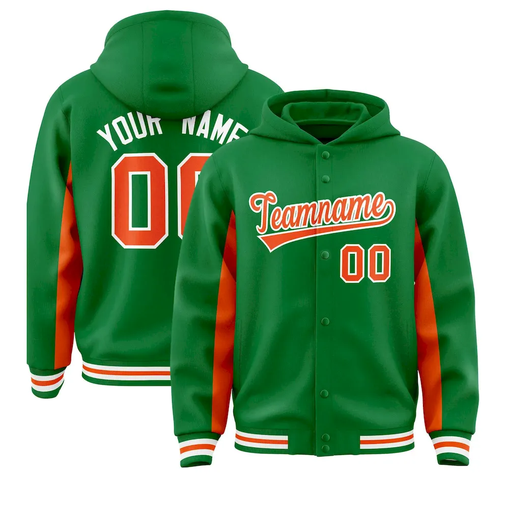 Custom Kelly Green Orange Color Block Varsity Full-Snap Letterman Jacket Hoodie