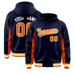 Custom Navy Orange Color Block Varsity Full-Snap Letterman Jacket Hoodie