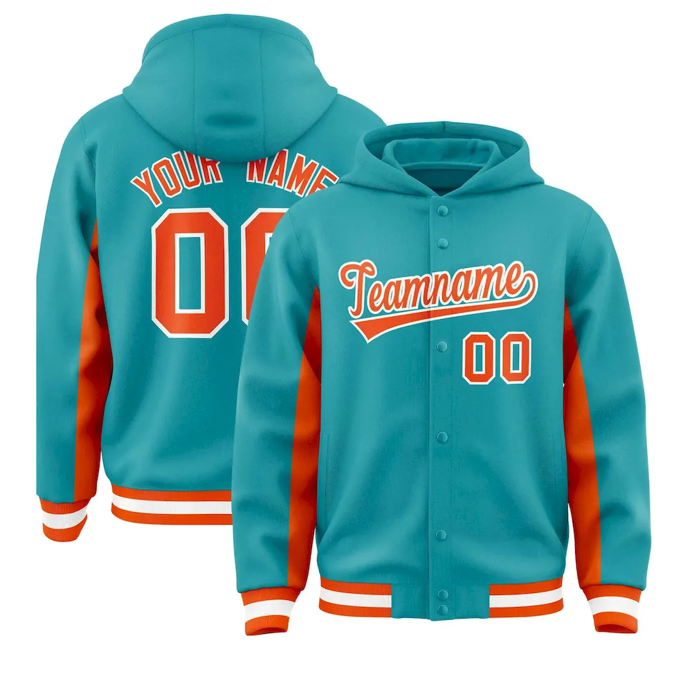 Custom Aqua Orange Color Block Varsity Full-Snap Letterman Jacket Hoodie