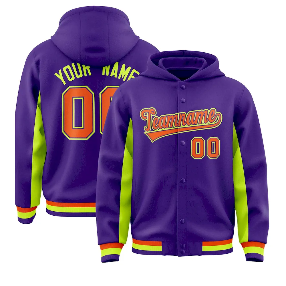 Custom Purple Neon Green Color Block Varsity Full-Snap Letterman Jacket Hoodie