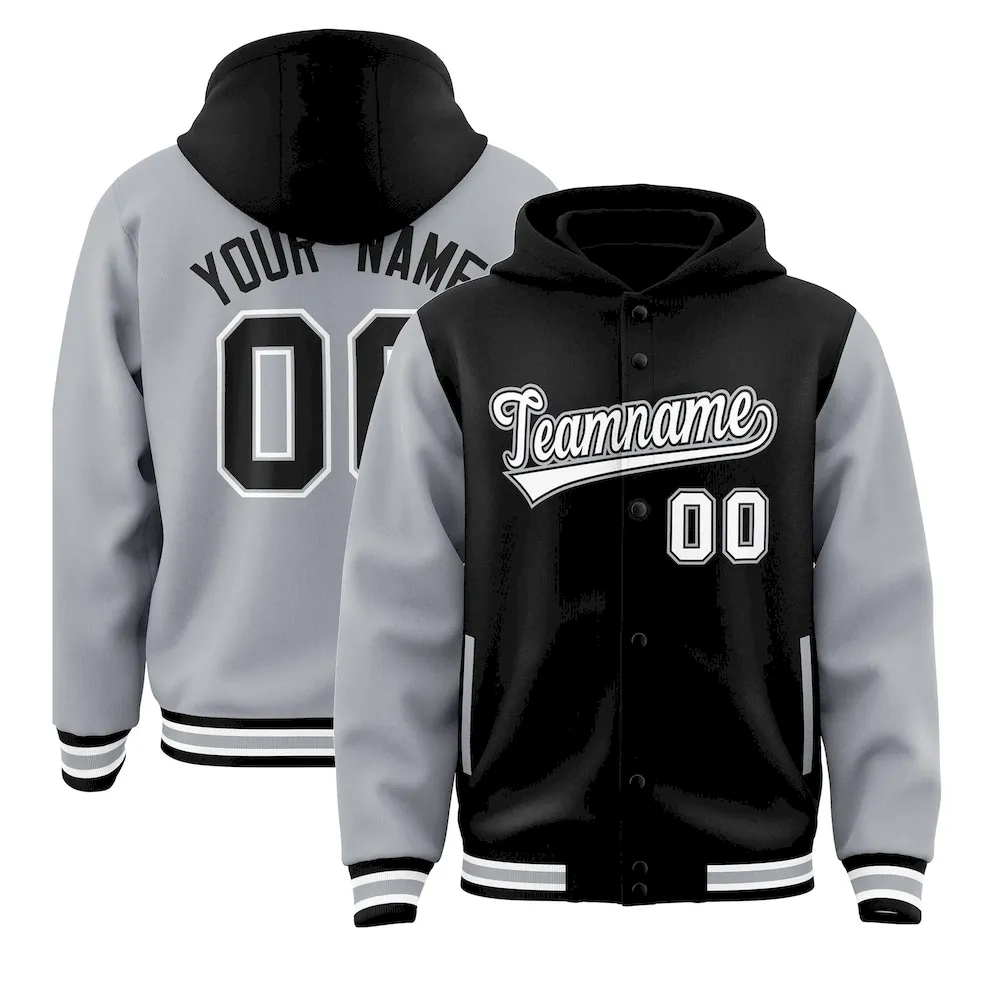 Custom Black Gray Raglan Sleeves Varsity Full-Snap Letterman Two Tone Jacket Hoodie