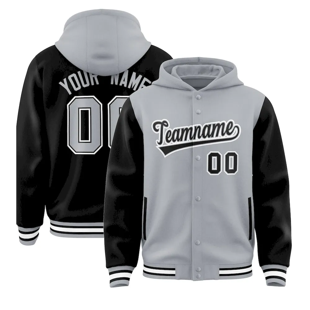 Custom Gray Black Raglan Sleeves Varsity Full-Snap Letterman Two Tone Jacket Hoodie